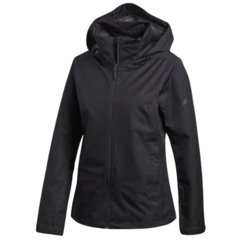 Adidas Women's Windbreaker Size L Black Hooded Full Zip Rain Jacket